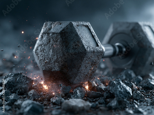 A black dumbbell is on the breaking black ground , soft fire effect under dumbbell , action mood.
