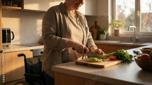 eine Frau im Rollstuhl in der Küche die das Essen zubereitet. KI Generiert
