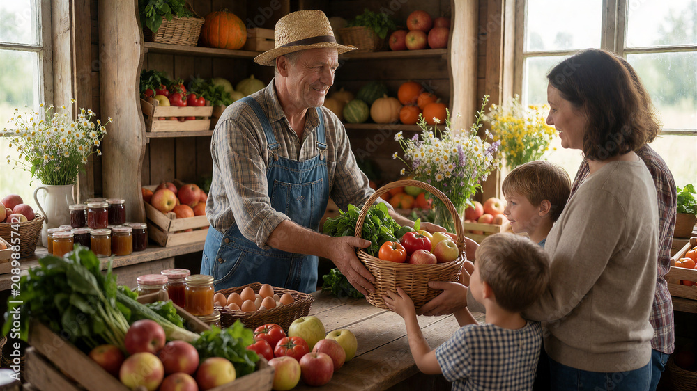 Obraz premium Ein Landwirt verkauft frisches Obst, Gemüse und regionale Produkte in einem gemütlichen Hofladen. KI Generiert