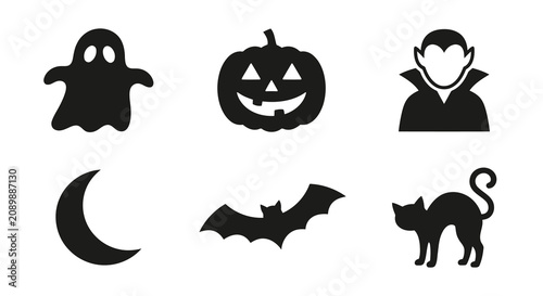 Obraz na plátně Halloween Silhouette Icons Featuring Ghost Pumpkin Vampire Crescent Moon Bat And