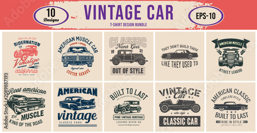 Vintage American Muscle Car T-Shirt Design Bundle Vector Illustration