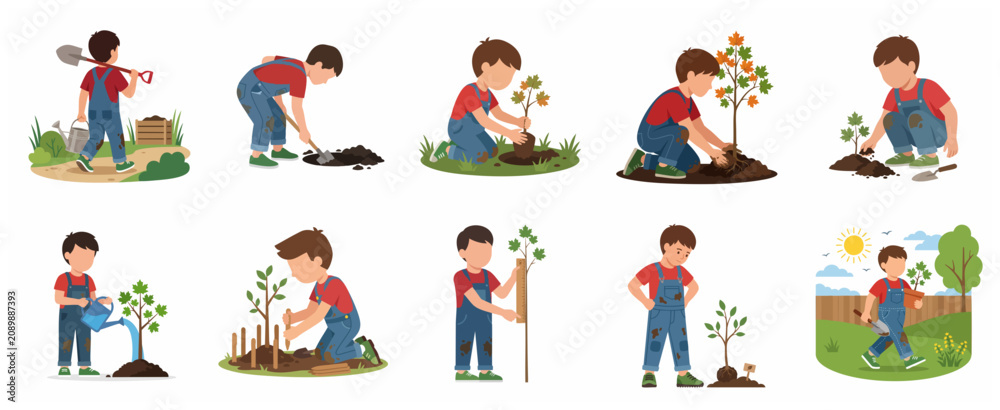 Fototapeta premium Kid Gardener Character Planting Tree Stages Vector Illustration for Earth Day and Ecology Education