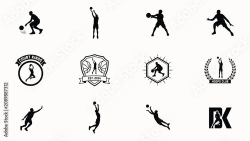 Dynamic black and white basketball team logos and player silhouettes collection for sports branding with evoking sense energy team spirit athletic branding promotional materials