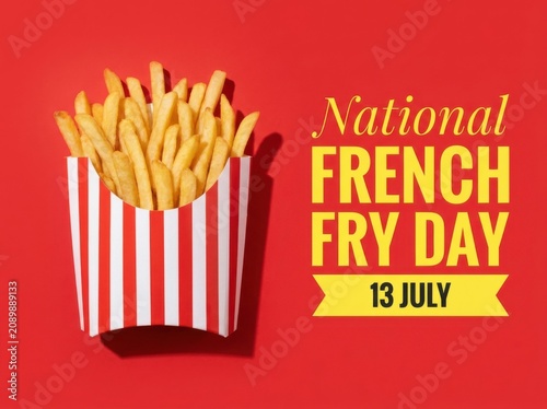 National french fry day celebration with a carton of golden crispy fries on a vibrant red background