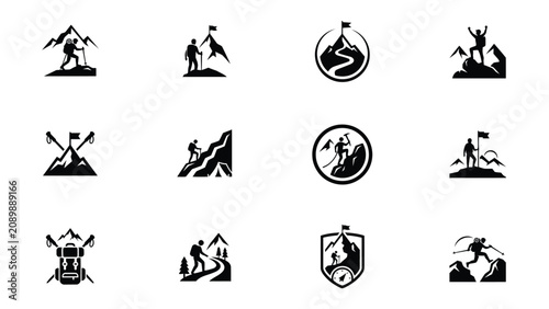 Foto Set of eight black and white mountain climbing adventure icons with flags with m