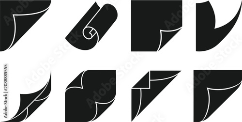 Silhouette of various paper corner creases and folds in black on white background, illustration set