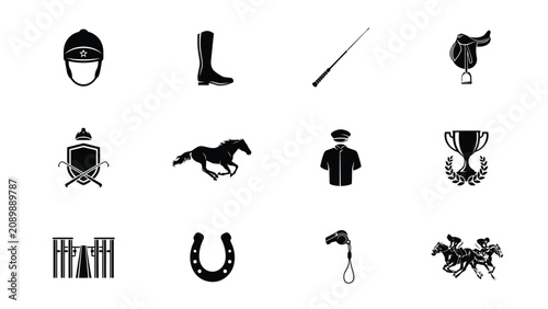 Foto Equestrian themed icons collection featuring jockey gear horse racing symbols wi