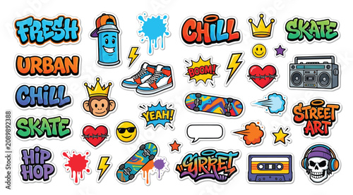 Schilderij op canvas Set of colorful graffiti stickers, urban street art elements, hip hop culture ic