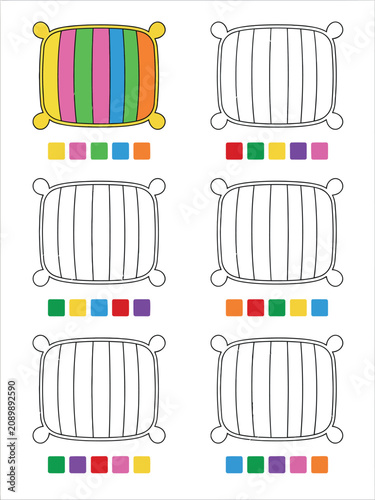 Educational coloring page for children with pillows and color patterns to follow