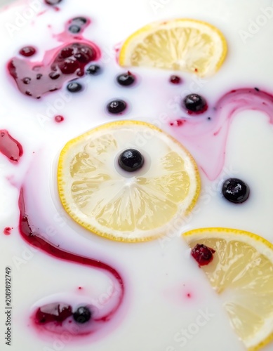A close-up of lemon slices and berries in milk with berry juice