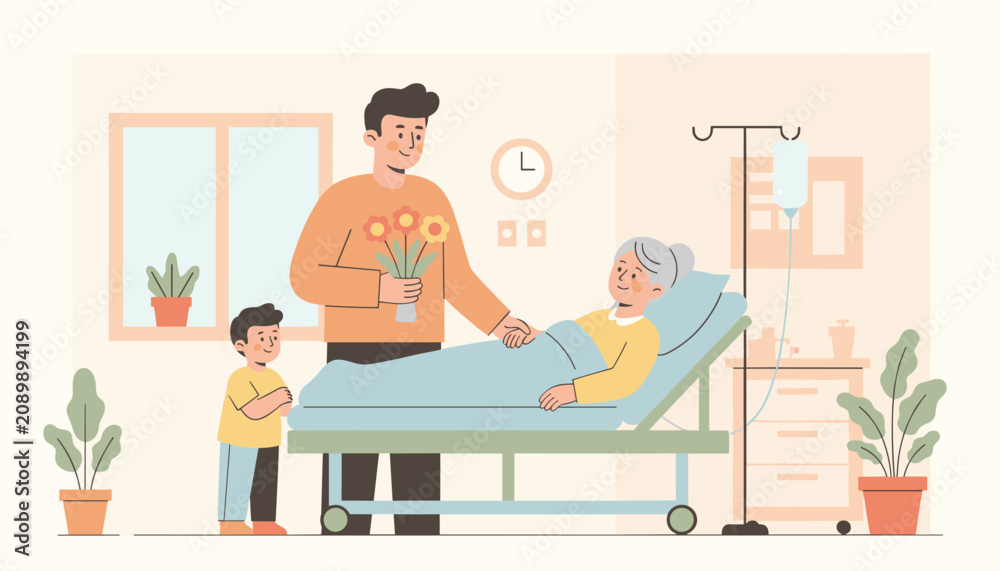 Fototapeta premium Loving father and young son visiting elderly grandmother in a hospital ward room and giving her flowers for recovery.