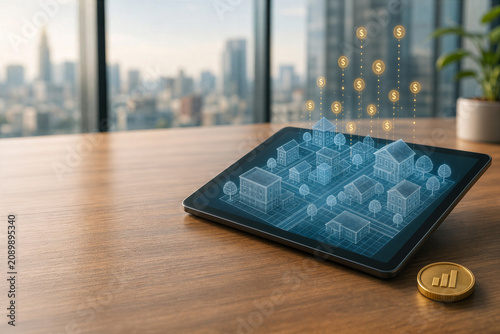 Isometric 3D wireframe town on tablet with floating gold coin royalty symbols and single coin on desk representing data royalties metaverse real estate synthetic data