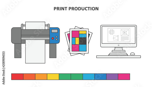 Detailed graphic illustration of print production showcasing a large format printer, color prints, and computer.