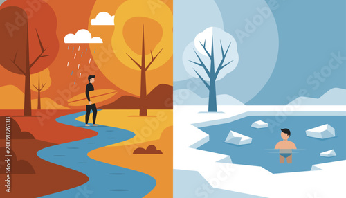 Contrast illustration showing a surfer walking by an autumn river and a brave swimmer bathing in a winter ice hole.