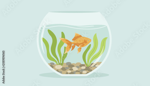 Golden fish swimming peacefully in a classic round glass fishbowl decorated with pebbles and green seaweed.
