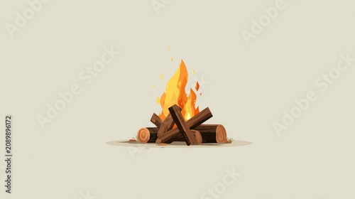 Campfire illustration Stacked wood logs ablaze against light background