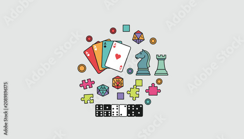 Circle composition of popular board game elements including playing cards, chess pieces, dice, and dominoes.