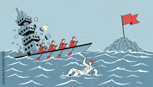 Metaphorical illustration of a business team on a sinking boat leaving a drowning colleague behind in waves.
