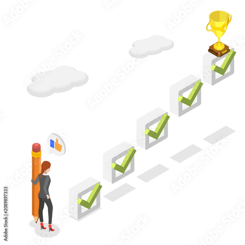 3D Isometric Flat  Illustration of Steady Development, Businessman Tracking Progress And Setting Goals With Checkbox Ticking