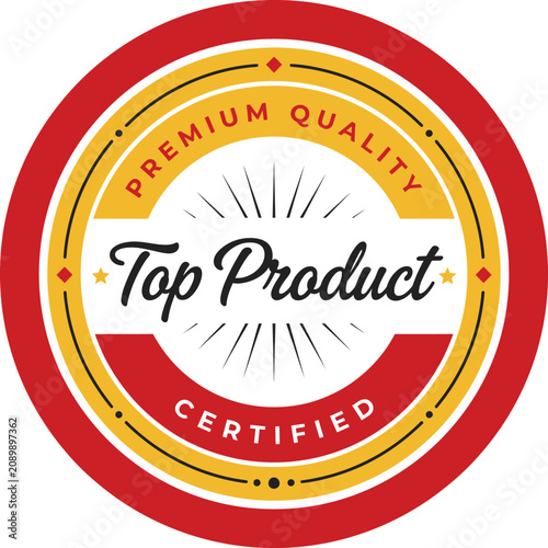 Circular quality top product  seal with text and radial lines white background