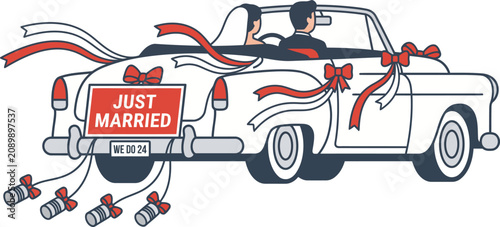 Картината върху платно Wedding car decorated with ribbons and tin cans carries a newlywed couple away to celebrate their romantic commitment