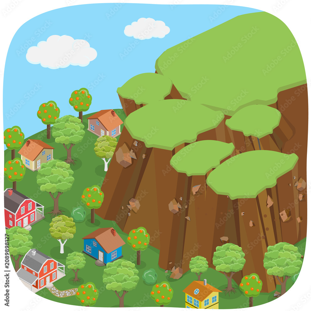 Naklejka premium 3D Isometric Flat Illustration of Landslide And Erosion, Catastrophic Landslide Devastates Community