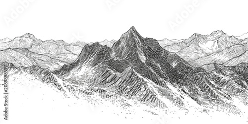 Foto Black and white line art mountain range illustration with detailed engraving sty