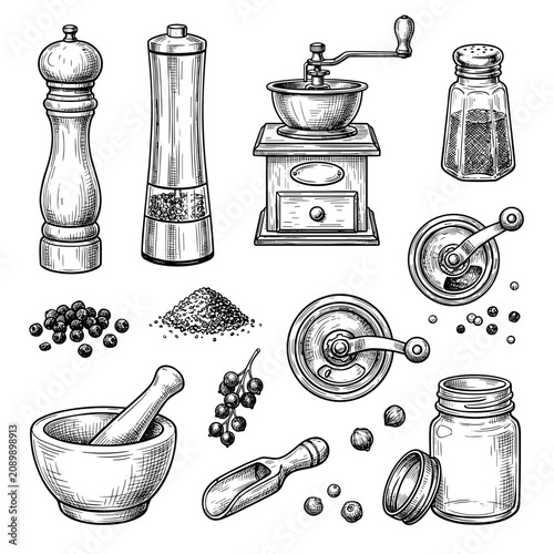 Ink sketch of wooden pepper mill, spice grinder, mortar and pestle set, peppercorn on white background