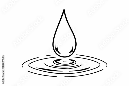 A single water droplet creates ripples in a body of water with a minimalist and modern vector design style and black lines on white background
