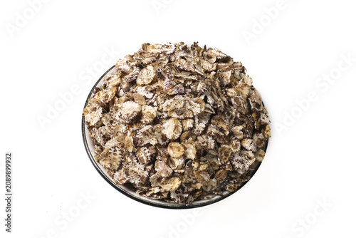 Raw Oatmeal Flakes in Bowl - Healthy Low Calorie Breakfast Grain for Weight Loss Diet and Nutrition on White Background