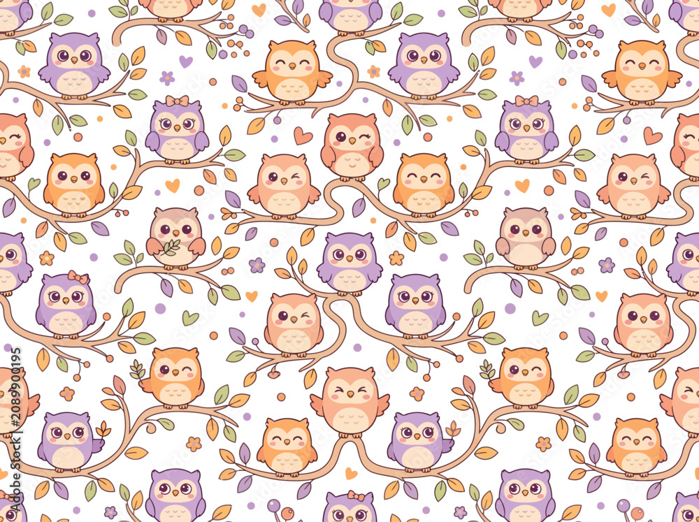 Fototapeta premium Owls perch on stylized tree branches in a whimsical seamless pattern filled with pastel colors and cheerful expressions.