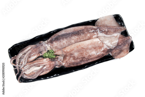 Fresh Raw Squid on Black Tray with Parsley Garnish - Premium Seafood for Cooking and Meal Preparation