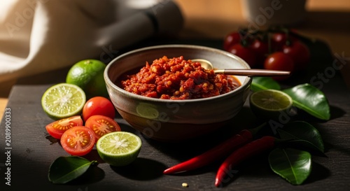 Traditional Indonesian Sambal Chili Sauce With Fresh Red Chilies and Spices