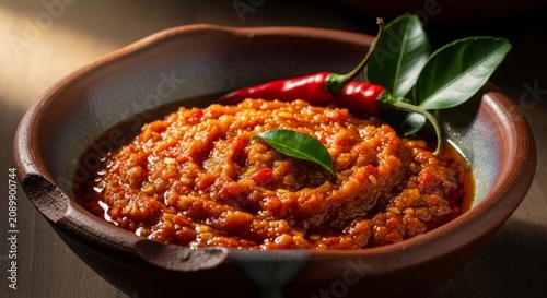Traditional Indonesian Sambal Chili Sauce With Fresh Red Chilies and Spices