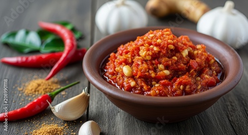 Traditional Indonesian Sambal Chili Sauce With Fresh Red Chilies and Spices
