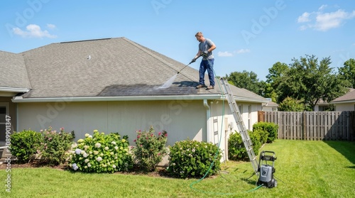 A man is cleaning a roof with a pressure washer. He is standing on a ladder and spraying water onto the gray asphalt shingles of a house.
