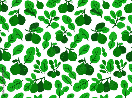 Bergamot branches display clusters of dark green fruit and serrated leaves in a repeating organic pattern.
