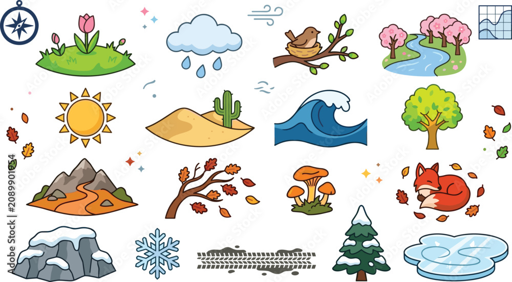 Obraz premium Nature Seasons Landscape Vector Collection with Weather Trees Mountains Ocean Desert Wildlife Seasonal Icons and Outdoor Environment Elements