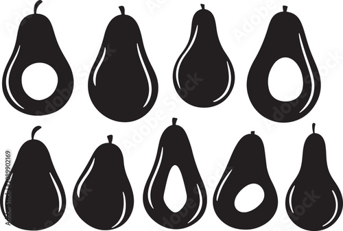 set of vector black silhouettes of avocado