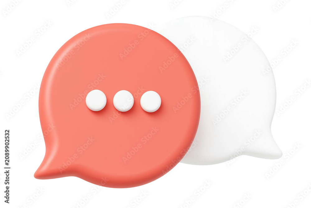 Fototapeta premium modern red chat bubble icon with white dots overlapping behind white bubble symbolizing digital communication messaging conversation interface design isolated background minimal vector graphic