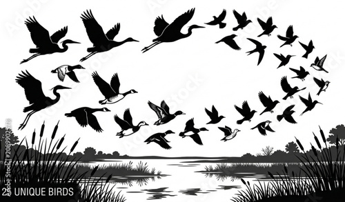 Flying Birds Wetland Silhouette Vector with Flock of Waterfowl Marsh Landscape Wildlife Nature Black and White Illustration