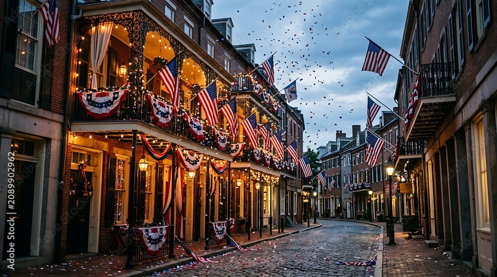 Obraz premium Patriotic 4th of July Celebration on a Historic Cobblestone Street with American Flags and Confetti
