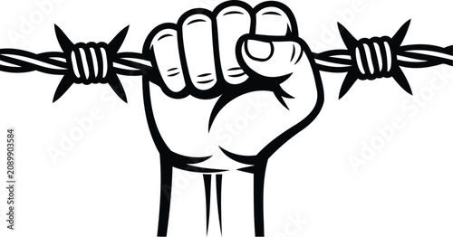 Obraz na płótnie A clenched fist holding barbed wire in a powerful grip  symbol of resistance and