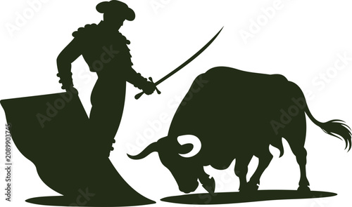 Obraz na plátně Man in traditional costume with sword and cape standing next to a bull  action s