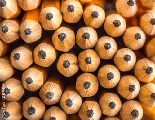 A close-up of numerous yellow pencils with black tips arranged in rows