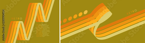 A retro 1970s-style background. Colorful stripes. Abstract curved ribbons form a loop. Dynamic lines. Space for text. Cover design template. Vector for brochure, poster, cover, card or presentation.