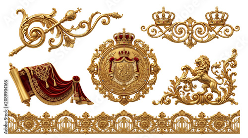Vintage gold heraldic elements set, ornate baroque royal crest and lion emblem, antique golden filigree border and crown ornaments isolated PNG with Transparent Background