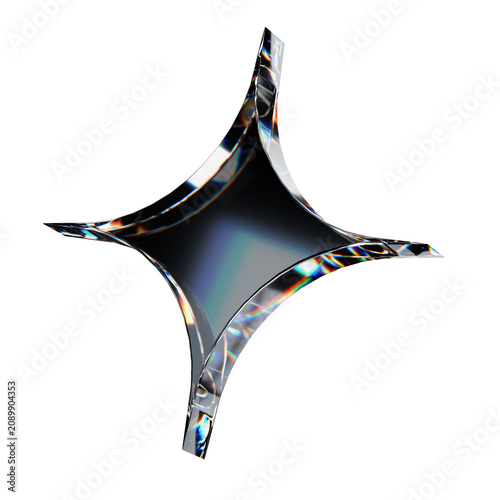 3d glass four corner star icon with dispersion effect, 3d render, transparent background.