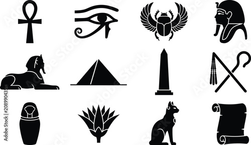 Foto Ancient Egypt culture and history vector icon set featuring pyramid sphinx phara