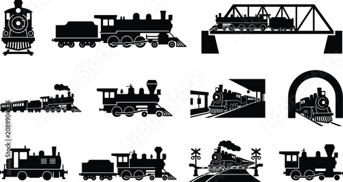 Cuadro en lienzo Vintage steam trains silhouettes vector icon set featuring antique locomotive ra